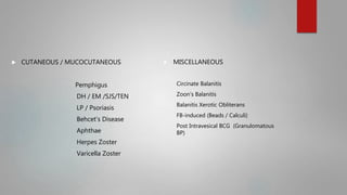  CUTANEOUS / MUCOCUTANEOUS
Pemphigus
DH / EM /SJS/TEN
LP / Psoriasis
Behcet’s Disease
Aphthae
Herpes Zoster
Varicella Zoster
 MISCELLANEOUS
Circinate Balanitis
Zoon’s Balanitis
Balanitis Xerotic Obliterans
FB-induced (Beads / Calculi)
Post Intravesical BCG (Granulomatous
BP)
 