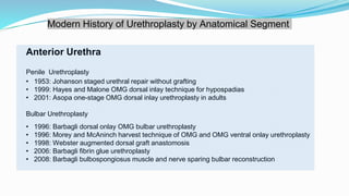 Modern History of Urethroplasty by Anatomical Segment
Anterior Urethra
Penile Urethroplasty
• 1953: Johanson staged urethral repair without grafting
• 1999: Hayes and Malone OMG dorsal inlay technique for hypospadias
• 2001: Asopa one-stage OMG dorsal inlay urethroplasty in adults
Bulbar Urethroplasty
• 1996: Barbagli dorsal onlay OMG bulbar urethroplasty
• 1996: Morey and McAninch harvest technique of OMG and OMG ventral onlay urethroplasty
• 1998: Webster augmented dorsal graft anastomosis
• 2006: Barbagli fibrin glue urethroplasty
• 2008: Barbagli bulbospongiosus muscle and nerve sparing bulbar reconstruction
 