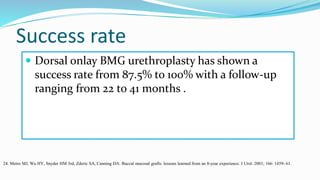 Success rate
 Dorsal onlay BMG urethroplasty has shown a
success rate from 87.5% to 100% with a follow-up
ranging from 22 to 41 months .
24. Metro MJ, Wu HY, Snyder HM 3rd, Zderic SA, Canning DA: Buccal mucosal grafts: lessons learned from an 8-year experience. J Urol. 2001; 166: 1459- 61.
 