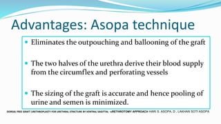 Advantages: Asopa technique
 Eliminates the outpouching and ballooning of the graft
 The two halves of the urethra derive their blood supply
from the circumflex and perforating vessels
 The sizing of the graft is accurate and hence pooling of
urine and semen is minimized.
DORSAL FREE GRAFT URETHROPLASTY FOR URETHRAL STRICTURE BY VENTRAL SAGITTAL ·uRETHROTOMY APPROACH HARi S. ASOPA, D , LAKHAN SOTI ASOPA
 