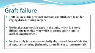 Graft failure
 Graft failure at the proximal anastomosis attributed to under
staging disease during surgery.
 Proximal anastomosis is deep in the bulb, which is a more
difficult site technically in which to ensure epithelium-to-
urothelium placement.
 Further study is necessary to clarify the true etiology of this kind
of repeat structuring (ischemia, suture line or suture material),
 