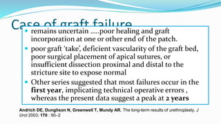 Case of graft failure
 remains uncertain …..poor healing and graft
incorporation at one or other end of the patch.
 poor graft ‘take’, deficient vascularity of the graft bed,
poor surgical placement of apical sutures, or
insufficient dissection proximal and distal to the
stricture site to expose normal
 Other series suggested that most failures occur in the
first year, implicating technical operative errors ,
whereas the present data suggest a peak at 2 years
Andrich DE, Dunglison N, Greenwell T, Mundy AR. The long-term results of urethroplasty. J
Urol 2003; 170 : 90–2
 