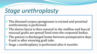 Stage urethroplasty
 The diseased corpus spongiosum is excised and proximal
urethrostomy is performed.
 The dartos fascia is then sutured in the midline and buccal
mucosal grafts are spread fixed onto the corporeal bodies.
 The patient is discharged home between postoperative days
8 and 10 after ensuring graft take.
 Stage 2 urethroplasty is performed after 6 months
 