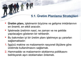 5.1. Üretim Planlama Stratejileri
 Üretim planı, işletmenin büyüme ve gelişme imkânlarının
en önemli, en etkili aracıdır.
 İşletmede üretimin nasıl, ne zaman ve ne şekilde
yapılacağını gösteren bir rehberdir.
 Bu bakımdan iyi bir üretim planı işletmeye şu yararları
sağlamaktadır:
1. İşgücü makine ve malzemenin rasyonel ölçülere göre
üretimde kullanılmasını sağlamak.
2. Hammadde ve malzemenin stoklanma politikasını
belirleyerek aşırı stoklamaları önlemek.
 
