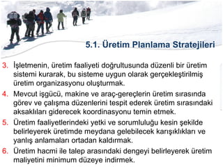 5.1. Üretim Planlama Stratejileri
3. İşletmenin, üretim faaliyeti doğrultusunda düzenli bir üretim
sistemi kurarak, bu sisteme uygun olarak gerçekleştirilmiş
üretim organizasyonu oluşturmak.
4. Mevcut işgücü, makine ve araç-gereçlerin üretim sırasında
görev ve çalışma düzenlerini tespit ederek üretim sırasındaki
aksaklıları giderecek koordinasyonu temin etmek.
5. Üretim faaliyetlerindeki yetki ve sorumluluğu kesin şekilde
belirleyerek üretimde meydana gelebilecek karışıklıkları ve
yanlış anlamaları ortadan kaldırmak.
6. Üretim hacmi ile talep arasındaki dengeyi belirleyerek üretim
maliyetini minimum düzeye indirmek.
 