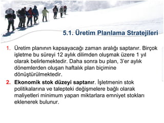 5.1. Üretim Planlama Stratejileri
1. Üretim planının kapsayacağı zaman aralığı saptanır. Birçok
işletme bu süreyi 12 aylık dilimden oluşmak üzere 1 yıl
olarak belirlemektedir. Daha sonra bu plan, 3’er aylık
dönemlerden oluşan haftalık plan biçimine
dönüştürülmektedir.
2. Ekonomik stok düzeyi saptanır. İşletmenin stok
politikalarına ve talepteki değişmelere bağlı olarak
maliyetleri minimum yapan miktarlara emniyet stokları
eklenerek bulunur.
 