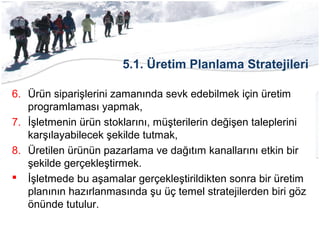 5.1. Üretim Planlama Stratejileri
6. Ürün siparişlerini zamanında sevk edebilmek için üretim
programlaması yapmak,
7. İşletmenin ürün stoklarını, müşterilerin değişen taleplerini
karşılayabilecek şekilde tutmak,
8. Üretilen ürünün pazarlama ve dağıtım kanallarını etkin bir
şekilde gerçekleştirmek.
 İşletmede bu aşamalar gerçekleştirildikten sonra bir üretim
planının hazırlanmasında şu üç temel stratejilerden biri göz
önünde tutulur.
 