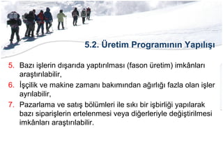 5.2. Üretim Programının Yapılışı
5. Bazı işlerin dışarıda yaptırılması (fason üretim) imkânları
araştırılabilir,
6. İşçilik ve makine zamanı bakımından ağırlığı fazla olan işler
ayrılabilir,
7. Pazarlama ve satış bölümleri ile sıkı bir işbirliği yapılarak
bazı siparişlerin ertelenmesi veya diğerleriyle değiştirilmesi
imkânları araştırılabilir.
 