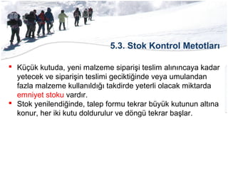 5.3. Stok Kontrol Metotları
 Küçük kutuda, yeni malzeme siparişi teslim alınıncaya kadar
yetecek ve siparişin teslimi geciktiğinde veya umulandan
fazla malzeme kullanıldığı takdirde yeterli olacak miktarda
emniyet stoku vardır.
 Stok yenilendiğinde, talep formu tekrar büyük kutunun altına
konur, her iki kutu doldurulur ve döngü tekrar başlar.
 