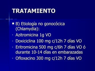 TRATAMIENTO B) Etiología no gonocócica (Chlamydia): Azitromicina 1g VO Doxiciclina 100 mg c/12h 7 días VO Eritromicina 500 mg c/6h 7 días VO ó durante 10-14 días en embarazadas Ofloxacino 300 mg c/12h 7 días VO 