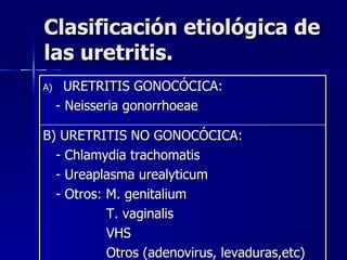 Clasificación etiológica de las uretritis. URETRITIS GONOCÓCICA: - Neisseria gonorrhoeae B) URETRITIS NO GONOCÓCICA: - Chlamydia trachomatis - Ureaplasma urealyticum - Otros: M. genitalium T. vaginalis VHS Otros (adenovirus, levaduras,etc) 