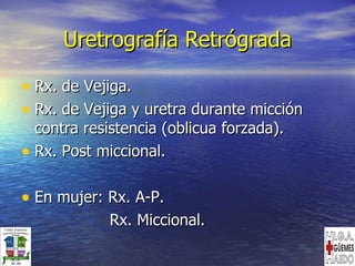 Uretrografía Retrógrada Rx. de Vejiga. Rx. de Vejiga y uretra durante micción contra resistencia (oblicua forzada). Rx. Post miccional. En mujer: Rx. A-P. Rx. Miccional. 