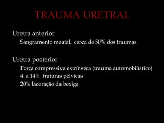 Uretra anterior
Sangramento meatal, cerca de 50% dos traumas
Uretra posterior
Força compressiva extrínseca (trauma automobilístico)
4 a 14% fraturas pélvicas
20% laceração da bexiga
 