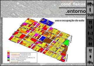 _cond. físicas
.entorno
A M A R E L O - R E S ID E N C IA S
V E R M E L H O - C O M E R C I O S
L A R A N J A - S E R V IÇ O S
R O S A H A B I T A Ç Ã O + C O M É R C IO
A Z U L - IN S T IT U IÇ Ã O
V E R D E - P R A Ç A S
M A R R O M - L O T E S V A G O S
uso e ocupação do solo
 