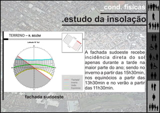 _cond. físicas
.estudo da insolação
A fachada sudoeste recebe
incidência direta do sol
apenas durante a tarde na
maior parte do ano; sendo no
inverno a partir das 15h30min,
nos equinócios a partir das
13h30min e no verão a partir
das 11h30min.
fachada sudoeste
 