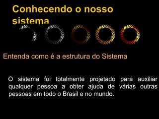 Entenda como é a estrutura do Sistema
O sistema foi totalmente projetado para auxiliar
qualquer pessoa a obter ajuda de várias outras
pessoas em todo o Brasil e no mundo.
 