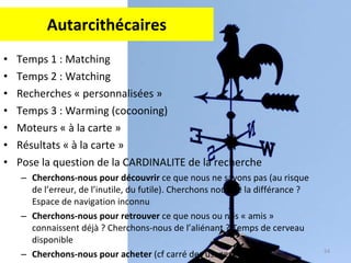 Autarcithécaires Temps 1 : Matching Temps 2 : Watching  Recherches « personnalisées » Temps 3 : Warming (cocooning) Moteurs « à la carte » Résultats « à la carte » Pose la question de la CARDINALITE de la recherche Cherchons-nous pour découvrir  ce que nous ne savons pas (au risque de l’erreur, de l’inutile, du futile). Cherchons nous de la différance ? Espace de navigation inconnu Cherchons-nous pour retrouver  ce que nous ou nos « amis » connaissent déjà ? Cherchons-nous de l’aliénant ? Temps de cerveau disponible Cherchons-nous pour acheter  (cf carré des usages) 