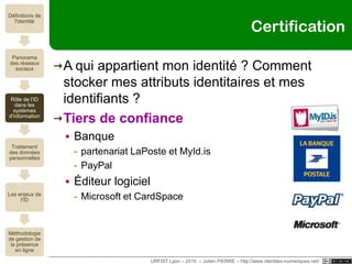 AutodocumentationERTZSCHEID, 2009L'homme est un document comme les autres : du World Wide Web au World Life WebIndexation  marchandisation (la base de données des intentions, BATTELLE, 2003)Sujet-acteur objet-documentaire (cf. Objectivation + Kant)J.-M. SALAÜN, 2010Suis-je un document ?Transmettre (unemémoire, cf. knowledge management)Prouver (par l'observation, cf. autopsie)J'étaisdocumenté, je suisredocumentarisé (cf. MEAD)URFIST Lyon – 2010  – Julien PIERRE – http://www.identites-numeriques.net/