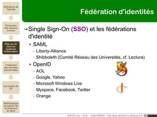 AuthentificationSimple : un seul élément suffitClé appartement, voiture, titre de transportForte : au moins 2 éléments sont requisCe que je saisIdentifiant + mot de passeCe que je possède	Carte ou passeport, token, mobileCe que je suisPhoto, empreinte digitale ou vocaleCe que je sais faireSignature, gesteURFIST Lyon – 2010  – Julien PIERRE – http://www.identites-numeriques.net/