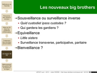 Identité + LoiComment mon identité est dévoilée ?FAI et Adresse IP : jurisprudence incertaineCf. HADOPILe mouchard de LOPPSI2, ACTAComment mon identité est protégée ? Droit à l'image et atteinte à la vie privée Usurpation d'identité numérique (LOPPSI2)CNILMoyens et motivations limités (cf. vidéosurveillance)Correspondant I&L bientôt obligatoireCNIL>G29 + Contrôleur européen à la protection des données (cf. SNS ou SWIFT)URFIST Lyon – 2010  – Julien PIERRE – http://www.identites-numeriques.net/