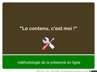 Identité + AutruiL'identité (est) numériqueIdentité et réputation réduites à un nombreNote vendeur/acheteur, Kudos, WhuffieJe suis un numéro !HomophilieRéduction communautaristeJe suis les autres (être/suivre)L'empreinte numériqueSémiotisation(PEIRCE)Tiers-interprétant + Trace = signe indicielInterprétation des signes et de l'intentionnalité des traces de l'identitéURFIST Lyon – 2010  – Julien PIERRE – http://www.identites-numeriques.net/ - 51/100