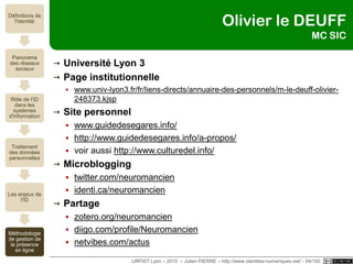 Les nouveaux big brothersSousveillance ou surveillance inverseQuid custodietipsos custodes ?Qui gardera les gardiens ?EquiveillanceLittle sistersSurveillance transverse, participative, paritaireBienveillance ?URFIST Lyon – 2010  – Julien PIERRE – http://www.identites-numeriques.net/ - 54/100