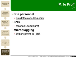 ExemplesChercheurssergeproulx.infoFabienne Martin-Juchat (http://martinfa.free.fr/)Maîtres de conférencesDoctorantsBibliothécaires URFIST Lyon – 2010  – Julien PIERRE – http://www.identites-numeriques.net/