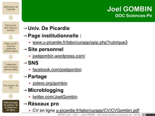 Olivier ERTZSCHEIDMC SICIUT Roche-sur-Yon Page institutionnellewww.iutlaroche.univ-nantes.fr/ertzscheid-o/0/fiche___annuaireksup/Site personnelaffordance.info/Microbloggingtwitter.com/affordanceinfoPartagewww.slideshare.net/olivierRéseaux profr.linkedin.com/pub/olivier-ertzscheid/0/626/60aURFIST Lyon – 2010  – Julien PIERRE – http://www.identites-numeriques.net/ - 60/100