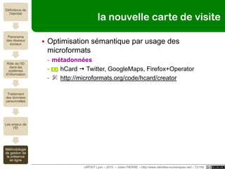Ferdinand MARLETAZDOC en Biologie moléculaire et cellulaireSite personnelmissingcluster.wordpress.com/SNSfacebook.com/fmarletazMicrobloggingtwitter.com/ferdixRéseaux profr.linkedin.com/in/ferdimarletazURFIST Lyon – 2010  – Julien PIERRE – http://www.identites-numeriques.net/ - 67/100