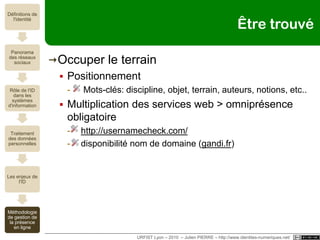 Pré requis techniquesHTMLHyper Text Markup LanguageLangage balisé hypertextuelLangage de description de contenuValeur sémantique des balisesLogique comptable des algorithmes d'indexationURFIST Lyon – 2010  – Julien PIERRE – http://www.identites-numeriques.net/ - 71/100