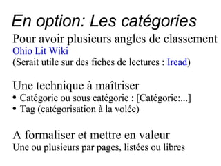 En option: Les catégories Pour avoir plusieurs angles de classement Ohio Lit Wiki   (Serait utile sur des fiches de lectures :  Iread ) Une technique à maîtriser Catégorie ou sous catégorie : [Catégorie:...] Tag (catégorisation à la volée) A formaliser et mettre en valeur Une ou plusieurs par pages, listées ou libres 