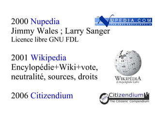 2000  Nupedia   Jimmy Wales ; Larry Sanger Licence libre GNU FDL 2001  Wikipedia Encylopédie+Wiki+vote, neutralité, sources, droits 2006  Citizendium 