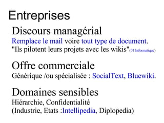 Entreprises Discours managérial Remplace le mail  voire  tout type de document .  "Ils pilotent leurs projets avec les wikis" ( 01 Informatique ) Offre commerciale Générique /ou spécialisée :  SocialText ,  Bluewiki . Domaines sensibles   Hiérarchie, Confidentialité  (Industrie, Etats : Intellipedia , Diplopedia) 