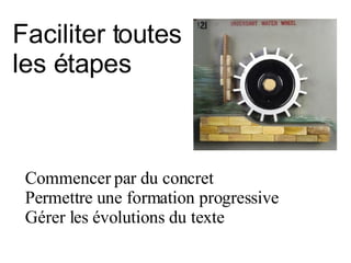Faciliter toutes les étapes Commencer par du concret Permettre une formation progressive Gérer les évolutions du texte 