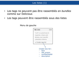 Les outliners (3) : utilisation
Onglet My Outliners
un outliner = traitement de texte, permettant de rassembler et mettre
en forme des éléments (items) de Diigo (bookmarks, notes…)
ouverture des éléments
de My Library dans le
panneau gauche Export du
contenu
Lien de
partage
les éléments peuvent être
directement glissés-
déposés dans le texte
interventions sur un élément :
- déplacement dans le document, par glisser-déposer (en utilisant la puce)
- menu : ajout de note, suppression…
(le menu apparaît en passant la souris sur la puce de l’élément)
Voir les notes et
surlignages
aides à la rédaction
Recherche
dans My
Library
Retour sur
son
compte
 