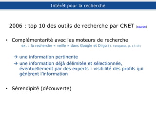 Suivre
comptes
groupes
Créer des alertes mail
groupes (> group settings > email alert)
Créer des flux RSS
groupes
tags d’un usager
(nécessitera peut-être de cocher la case RSS settings
dans les settings)
Veille
Cf. constitution du
Bouillon des bibliobsédés pour une veille collaborative
thématique (cf. Bibliobsession et Bibliothèques [reloaded])
Cf. veille professionnelle à la délégation générale à l'Outre-mer
 