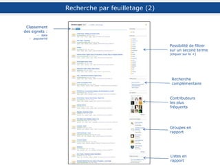 Présentation
générale
La gestion de
signets
Social
Bookmarking
Recherche,
veille et
curation
Pour aller plus
loin
Bibliographie
Signets,
bookmarks…
Plates-formes en
ligne
Social bookmarking
Panorama de
l’existant
Diigo
Diigo ou Delicious ?
Présentation
Inscription et profil
Les extensions
Bookmarker un
document
Gérer ses signets
Naviguer dans ses
signets
Gérer ses tags
Quelle description ?
Surligner un
document web
Annoter un
document web
Le cas des images
Les listes
Les rapports
Les réseaux
Les groupes
Diigo en
bibliothèque
Diigo en formation
Intérêt de la
recherche
Recherche dans
la communauté
Recherche dans
son compte
Veille
Curation
Diffusion du
compte
Alimentation
automatique du
compte
Diigo et mobilité
Questions de
droit
Le modèle
économique
Sécurité des
données
Adresses Diigo et
tutoriels
Bibliographie du
support
Retours
d’expérience
 