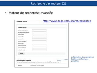 Exemple de Twitter
possibilité d’alimentation croisée des deux services
alimentation de Twitter depuis Diigo
alimentation de Diigo depuis Twitter
menu Tools > Save Favorite Tweets (tweets avec ou sans lien, #hashtags utilisés comme tags)
média sociaux
applications tierce de type IFTTT, Packrati.us (témoignage : Jeff Utecht)
ex. : compte Twitter de Christophe Deschamps
Médias sociaux
liens entre Diigo et Pocket, Instapaper, YouTube, Tumblr… cf. social media bookmarking/integration
Favoriser la diffusion de sa publication (site, blog…)
menu Tools > « Add to Diigo » Widget
Alimentation automatique du compte
!! : fonctionnalités variant selon l’abonnement souscrit
 