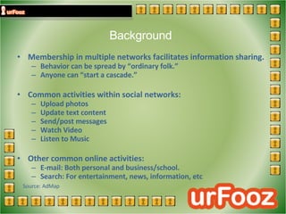 Background Membership in multiple networks facilitates information sharing. Behavior can be spread by “ordinary folk.” Anyone can “start a cascade.” Common activities within social networks: Upload photos Update text content Send/post messages Watch Video Listen to Music Other common online activities: E-mail: Both personal and business/school. Search: For entertainment, news, information, etc  Source: AdMap 