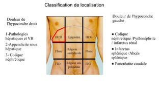 Classification de localisation
Douleur de
l'hypocondre droit
1-Pathologies
hépatiques et VB
2-Appendicite sous
hépatique
3- Colique
néphrétique
Douleur de l'hypocondre
gauche
● Colique
néphrétique /Pyélonéphrite
/ infarctus rénal
● Infarctus
splénique /Abcès
splénique
● Pancréatite caudale
 