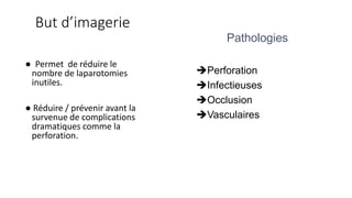 Pathologies
➔Perforation
➔Infectieuses
➔Occlusion
➔Vasculaires
But d’imagerie
● Permet de réduire le
nombre de laparotomies
inutiles.
● Réduire / prévenir avant la
survenue de complications
dramatiques comme la
perforation.
 