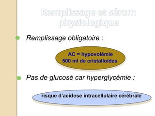 Remplissage obligatoire :
AC = hypovolémie
500 ml de cristalloïdes
Pas de glucosé car hyperglycémie :
risque d’acidose intracellulaire cérébrale
Remplissage et sérum
physiologique
 