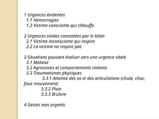 1 Urgences évidentes
1.1 Hémorragies
1.2 Victime consciente qui s’étouffe
2 Urgences vitales constatées par le bilan
2.1 Victime inconsciente qui respire
2.2 La victime ne respire pas
3 Situations pouvant évoluer vers une urgence vitale
3.1 Malaise
3.2 Agressions et comportements violents
3.3 Traumatismes physiques
3.3.1 Atteinte des os et des articulations (chute, choc,
faux mouvement)
3.3.2 Plaie
3.3.3 Brulure
4 Gestes non urgents
 