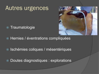 Autres urgences
ž  Traumatologie
ž  Hernies / éventrations compliquées
ž  Ischémies coliques / mésentériques
ž  Doutes diagnostiques : explorations
 