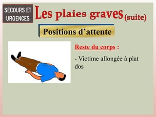 Positions d’attente
Reste du corps :
- Victime allongée à plat
dos
 
