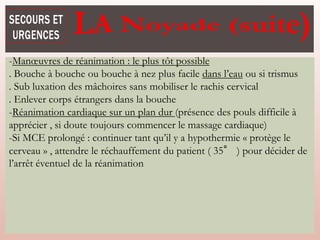 Noyade
-Manœuvres de réanimation : le plus tôt possible
. Bouche à bouche ou bouche à nez plus facile dans l’eau ou si trismus
. Sub luxation des mâchoires sans mobiliser le rachis cervical
. Enlever corps étrangers dans la bouche
-Réanimation cardiaque sur un plan dur (présence des pouls difficile à
apprécier , si doute toujours commencer le massage cardiaque)
-Si MCE prolongé : continuer tant qu’il y a hypothermie « protège le
cerveau » , attendre le réchauffement du patient ( 35° ) pour décider de
l’arrêt éventuel de la réanimation
 