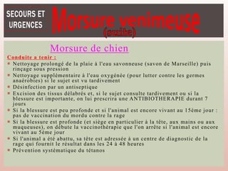 Morsure de chien
Conduite a tenir :
 Nettoyage prolongé de la plaie à l'eau savonneuse (savon de Marseille) puis
rinçage sous pression
 Nettoyage supplémentaire à l'eau oxygénée (pour lutter contre les germes
anaérobies) si le sujet est vu tardivement
 Désinfection par un antiseptique
 Excision des tissus délabrés et, si le sujet consulte tardivement ou si la
blessure est importante, on lui prescrira une ANTIBIOTHERAPIE durant 7
jours
 Si la blessure est peu profonde et si l'animal est encore vivant au 15ème jour :
pas de vaccination du mordu contre la rage
 Si la blessure est profonde (et siège en particulier à la tête, aux mains ou aux
muqueuses), on débute la vaccinothérapie que l'on arrête si l'animal est encore
vivant au 5ème jour
 Si l'animal a été abattu, sa tête est adressée à un centre de diagnostic de la
rage qui fournit le résultat dans les 24 à 48 heures
 Prévention systématique du tétanos
 