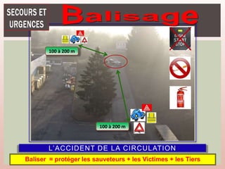 L’ACCIDENT DE LA CIRCULATION
100 à 200 m
100 à 200 m
Baliser = protéger les sauveteurs + les Victimes + les Tiers
 