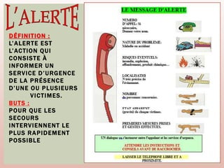 Pierrard Damien 32
DÉFINITION :
L’ALERTE EST
L’ACTION QUI
CONSISTE À
INFORMER UN
SERVICE D’URGENCE
DE LA PRÉSENCE
D’UNE OU PLUSIEURS
VICTIMES.
BUTS :
POUR QUE LES
SECOURS
INTERVIENNENT LE
PLUS RAPIDEMENT
POSSIBLE
 