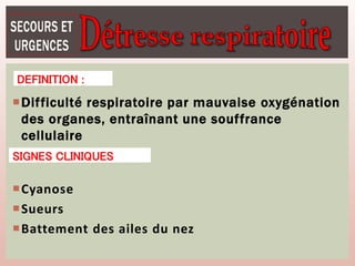 Difficulté respiratoire par mauvaise oxygénation
des organes, entraînant une souffrance
cellulaire
Cyanose
Sueurs
Battement des ailes du nez
DEFINITION :
SIGNES CLINIQUES
 